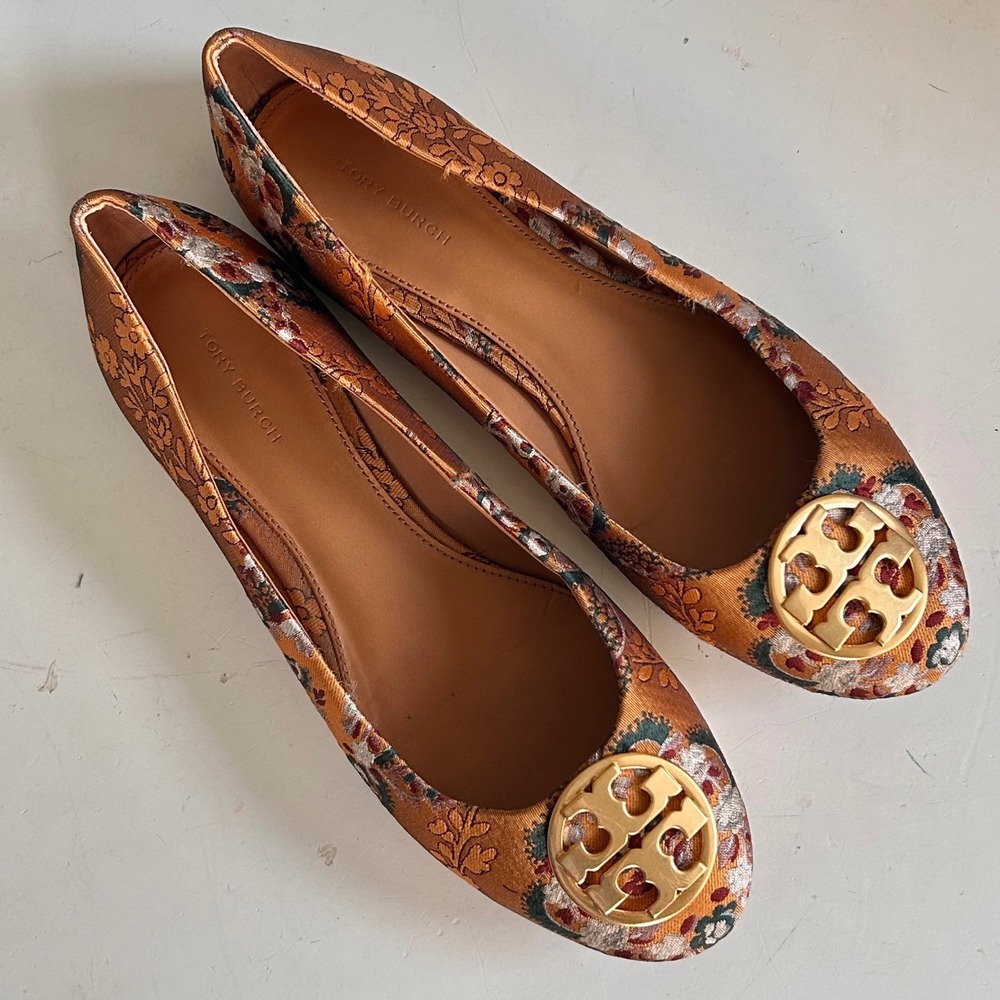 Tory Burch Chelsea Ballet Flats Size 9.5 Sunset Bonfire Brocade Gold Floral - Picture 2 of 12